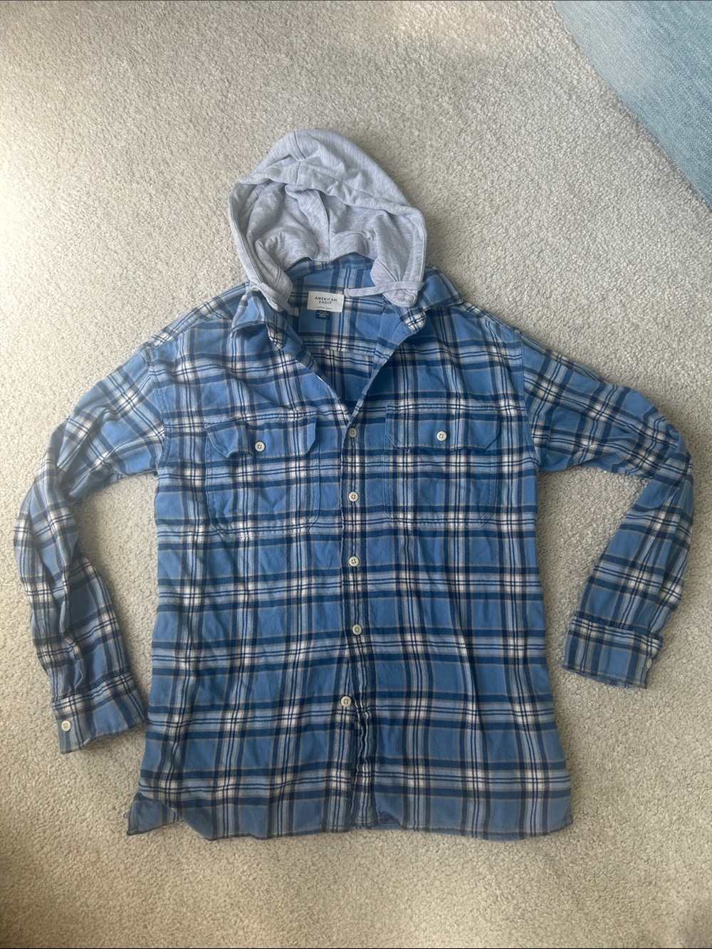 American Eagle Outfitters Super Soft Blue Plaid Button-Down Shirt with Gray Hood